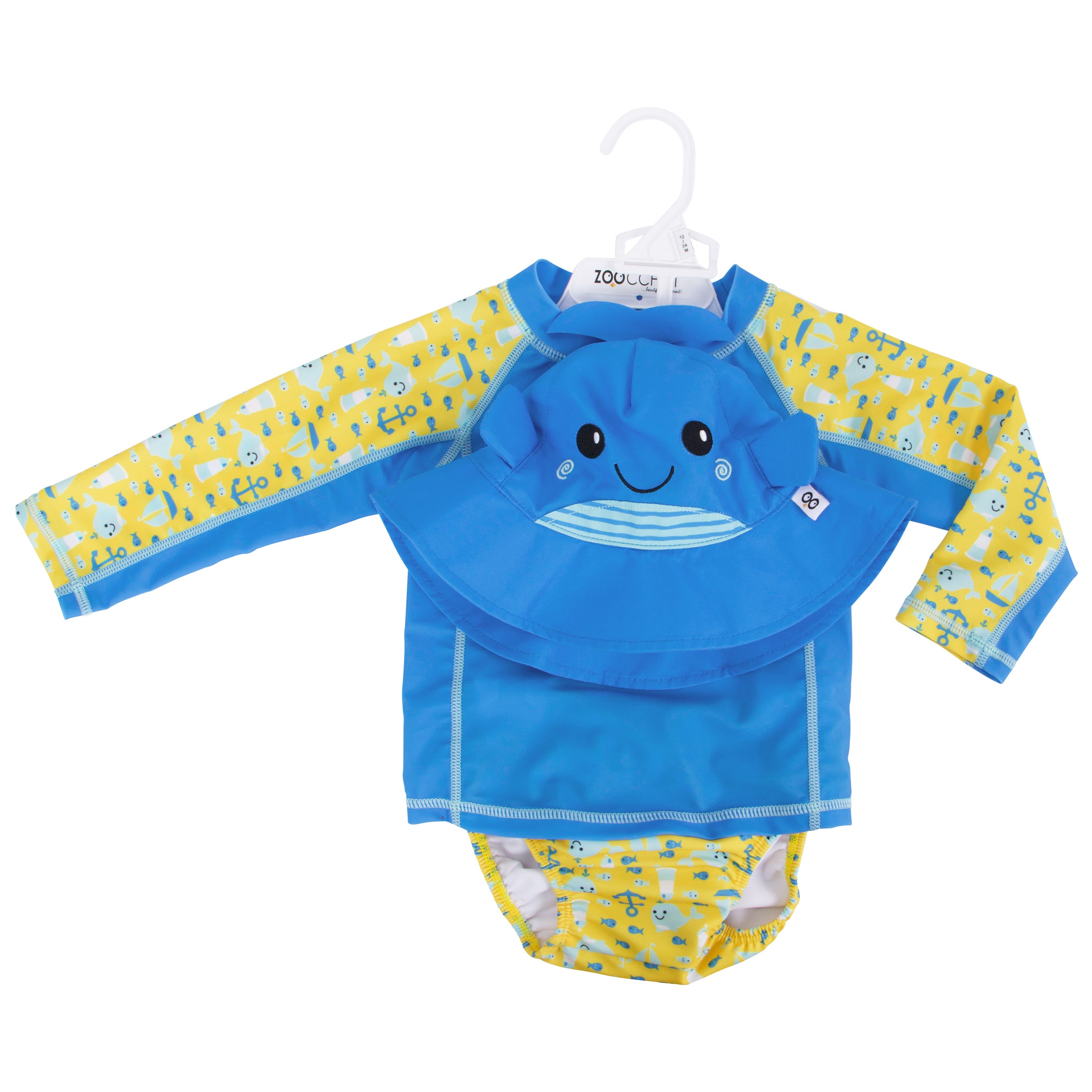 Zoocchini - Baby Swim Set – Rash Guard Top, Swim Diaper & Sun Hat - (12-24M)
