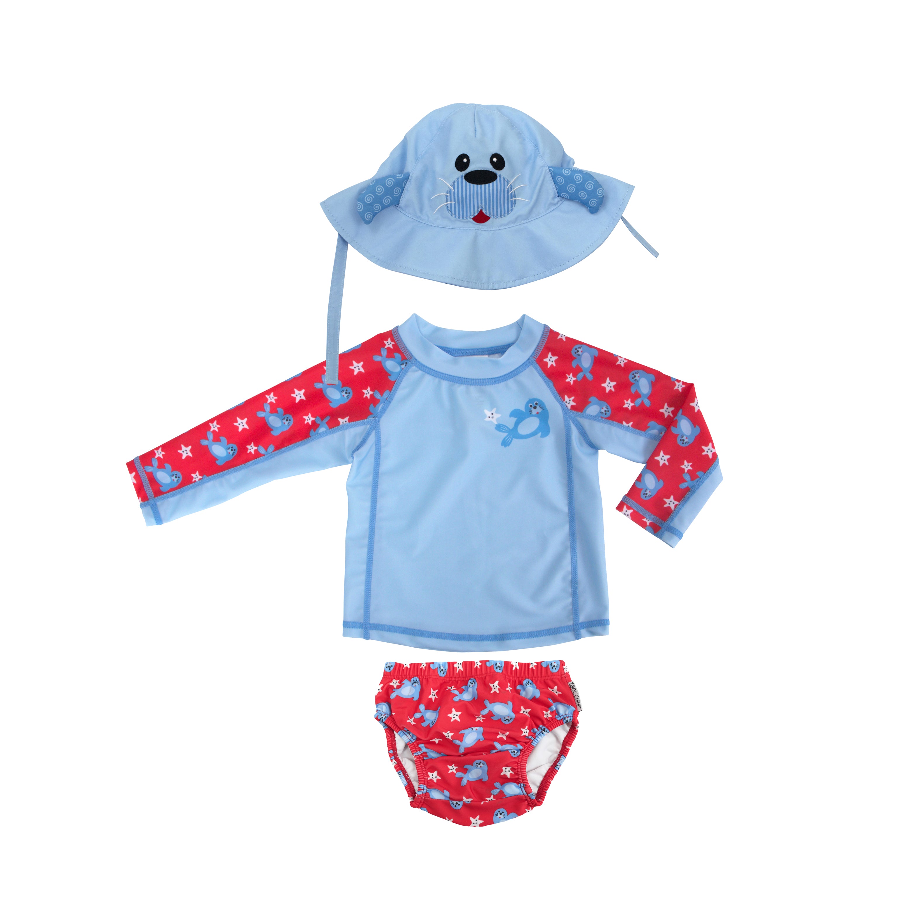 Zoocchini - Baby Swim Set – Rash Guard Top, Swim Diaper & Sun Hat - (12-24M)