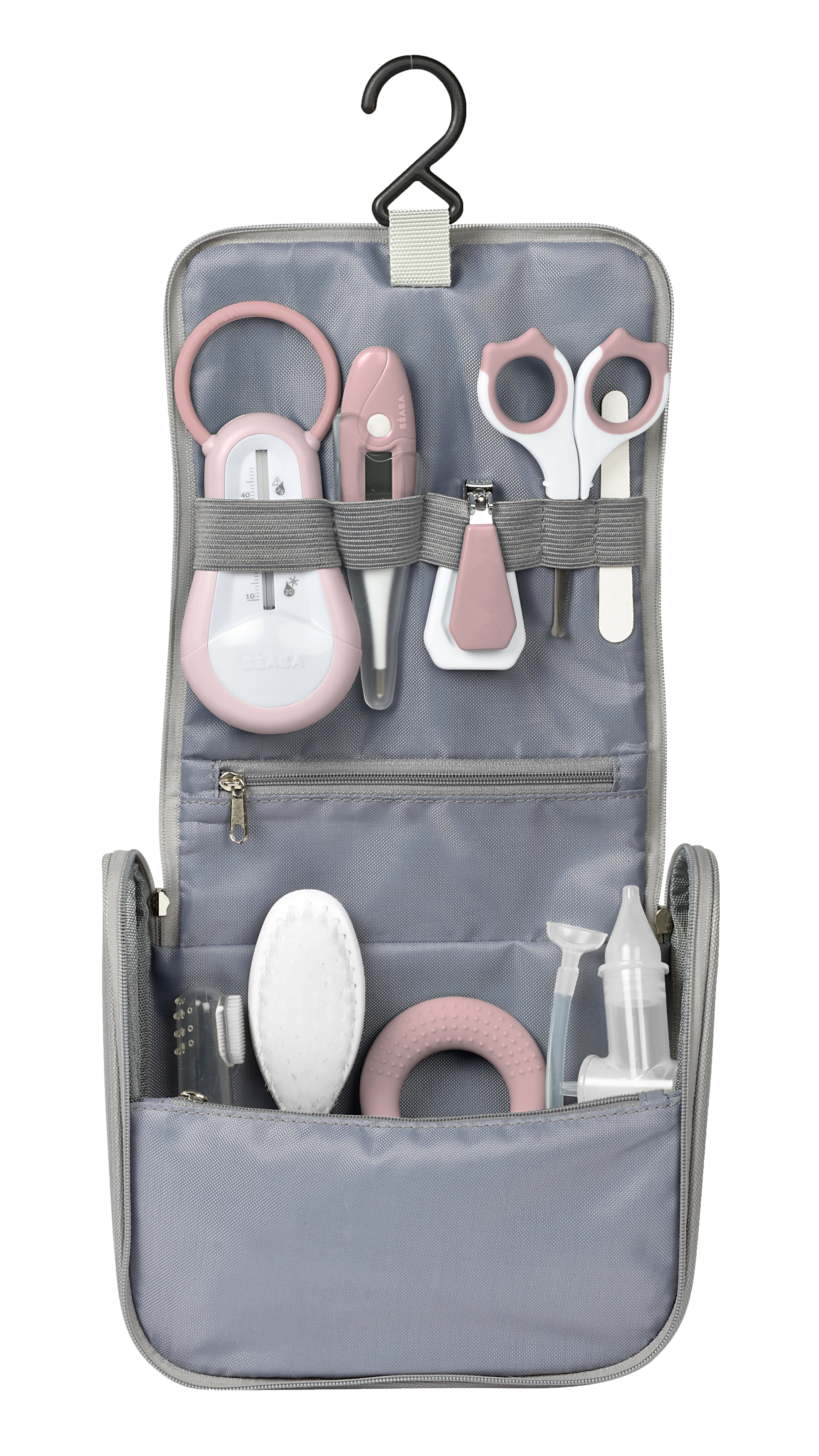 Beaba Hanging Toiletry Pouch With 9 Accessories, Fully opened with double zip: practical. Now available online in UAE