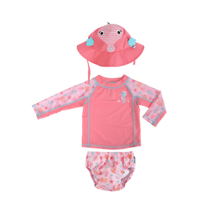 Zoocchini - Baby Swim Set – Rash Guard Top, Swim Diaper &amp; Sun Hat - (12-24M)