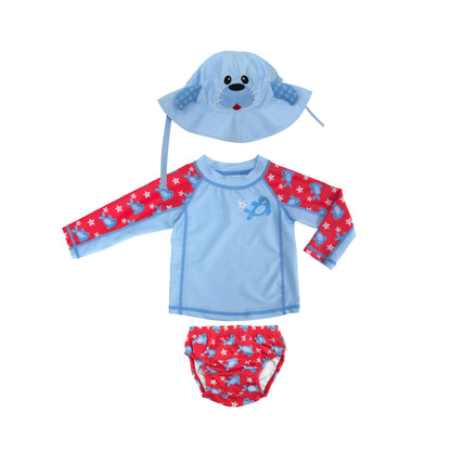 Zoocchini - Baby Swim Set – Rash Guard Top, Swim Diaper &amp; Sun Hat - (12-24M)