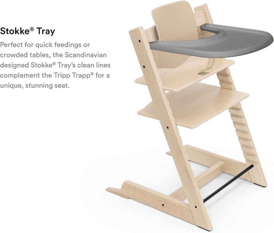 Stokke Tray Storm Grey attached to a Tripp Trapp Chair.