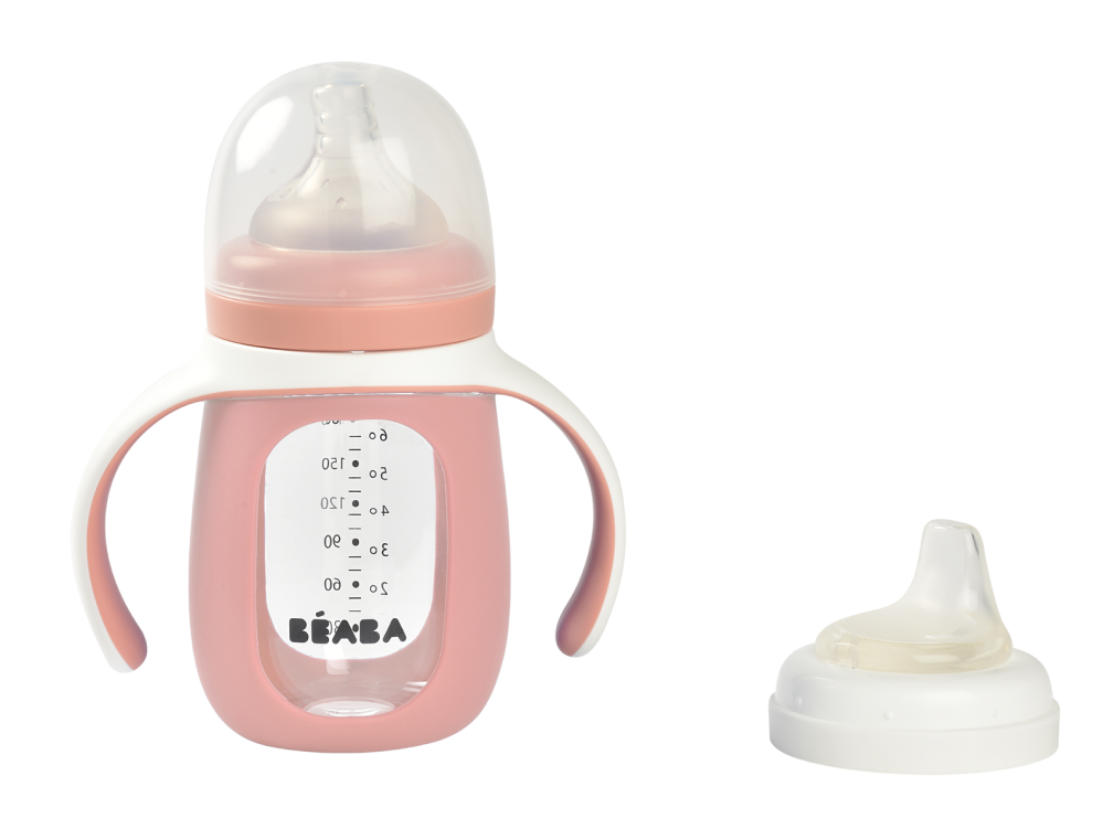 Beaba 2-in-1 Learning Bottle 210ml + Silicone Sleeve, Removable silicone cover: protects the glass bottle and ensures better grip.