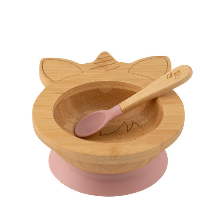 Citron Organic Bamboo Bowl 250ml Suction + Spoon Unicorn Blush Pink Color