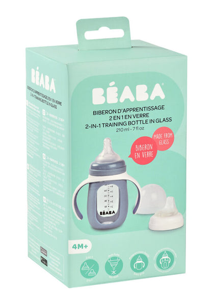 Beaba 2-in-1 Learning Bottle 210ml + Silicone Sleeve, 2 in 1: a bottle teat and supple spout in silicone to encourage transition and learning, with 2 rings to easily interchange them.