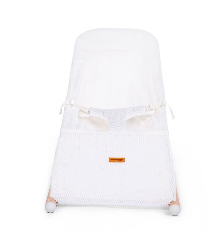 Childhome Evolux Bouncer (Natural White) - Front view of a white and beige ergonomic baby bouncer with adjustable backrest.