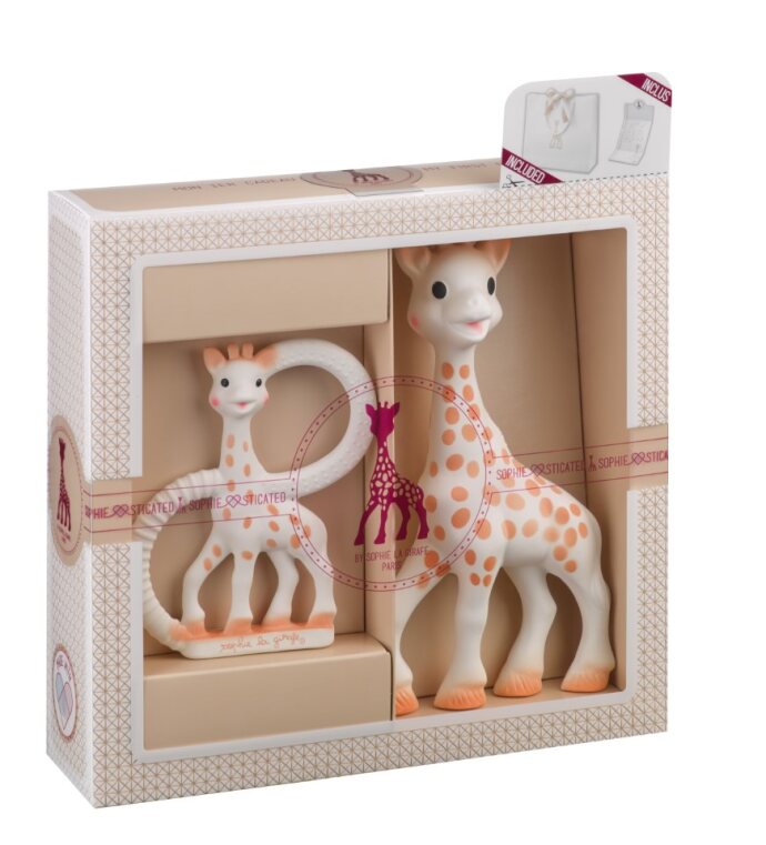 Sophie la Girafe baby gift set with teether, gift card, and gift bag