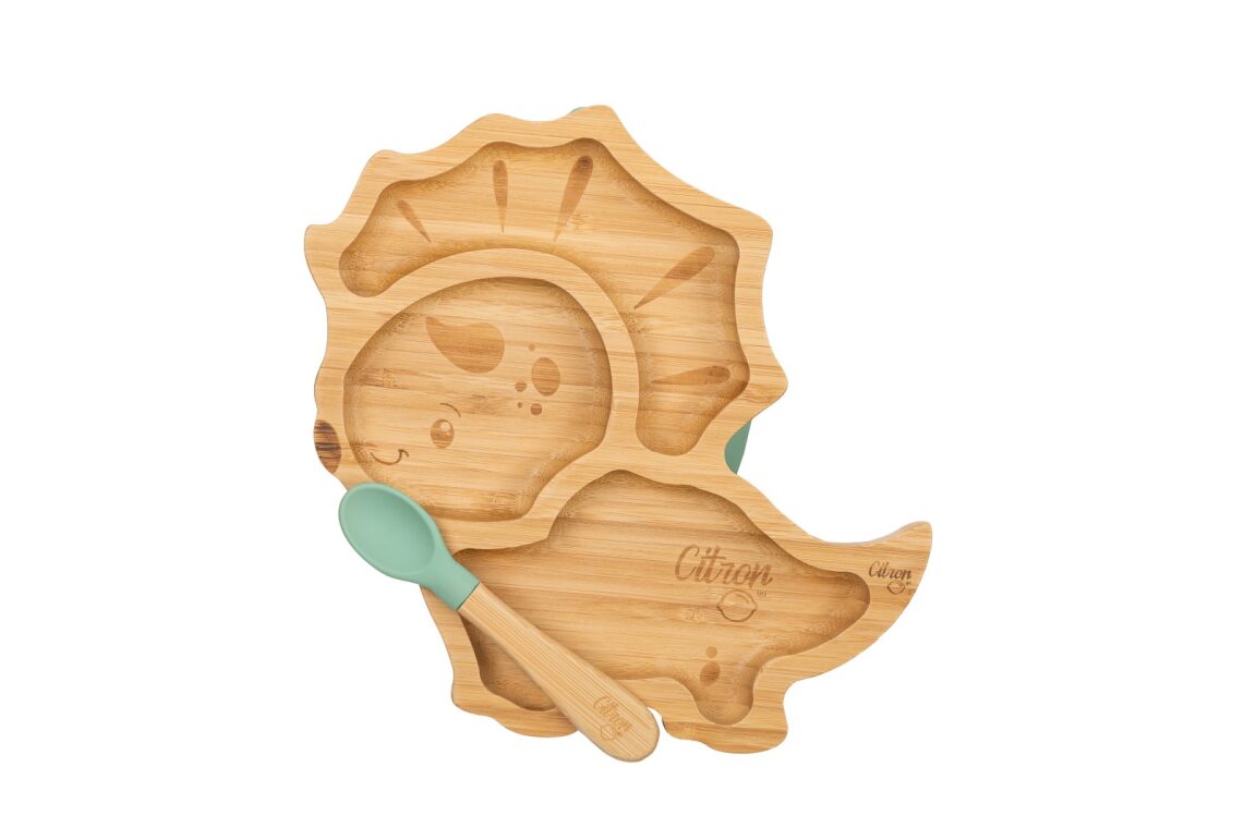 Citron Organic Bamboo Plate Suction + Spoon Dino Pastel Green Color