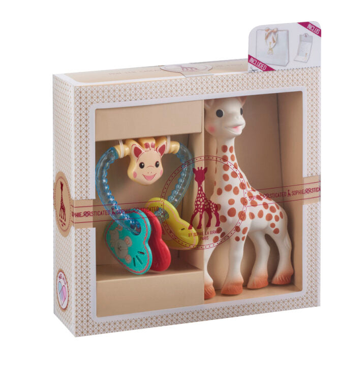 Sophie la girafe plush toy with Sophie la girafe Sophiesticated Classical Composition 3 gift set.