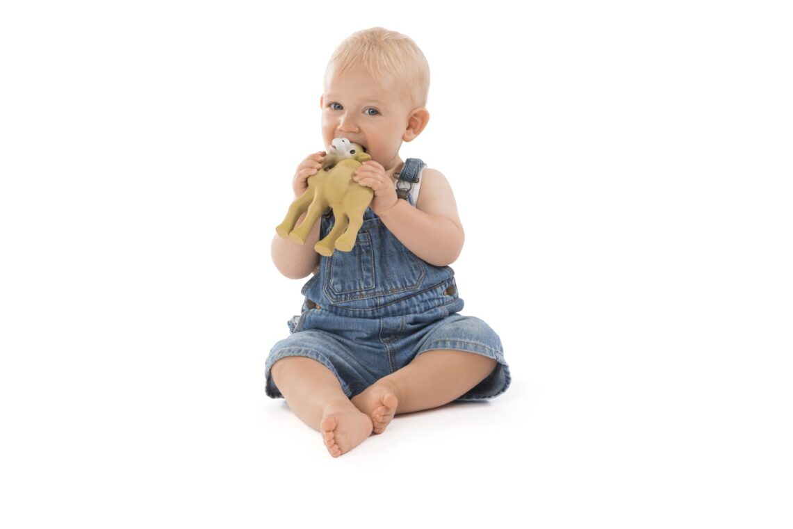 Baby happily chewing on Sophie la girafe Il Etait Une Fois Al&