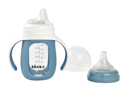 Beaba 2-in-1 Learning Bottle 210ml + Silicone Sleeve, Main body in glass: solid and healthy material