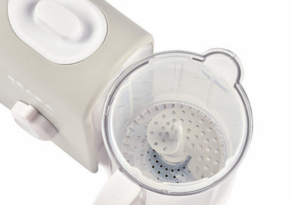 Beaba Babycook Express Velvet Grey,  large water tank opening with magnetic lid and clear water level marks. Beeps, flashes and automatically switches off at the end of cooking