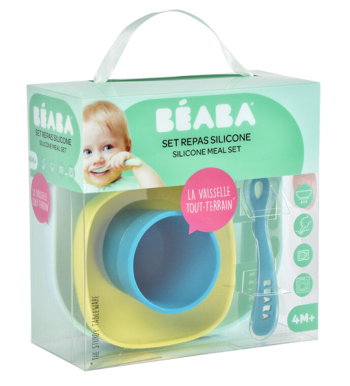 Beaba Silicone Meal Set of 4, Includes a plate and a bowl with suction pad. Now available online in UAE