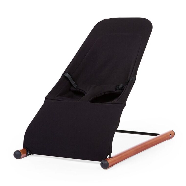 Childhome Evolux Bouncer (Black/Nut) - Black and brown ergonomic baby bouncer with adjustable backrest.