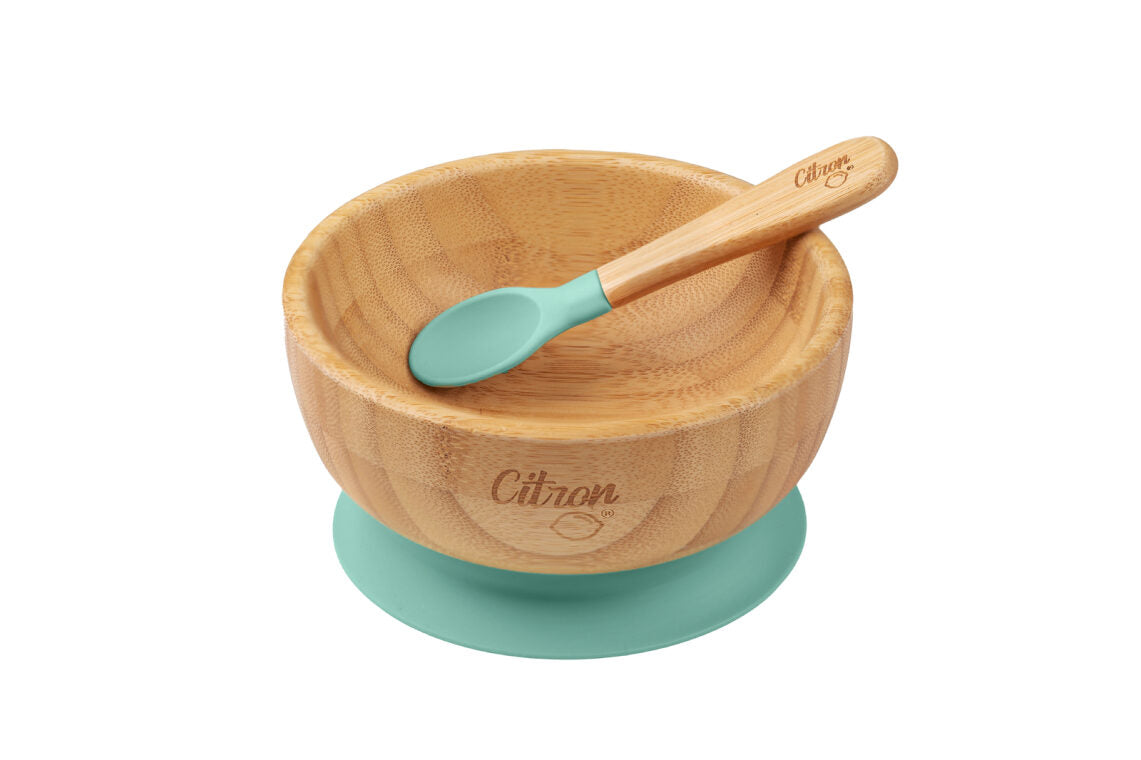 Citron Organic Bamboo Bowl 300ml Suction + Spoon Pastel Green Color