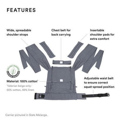 Close-up of Stokke Limas Carrier ergonomic baby carrier, showing adjustable straps.