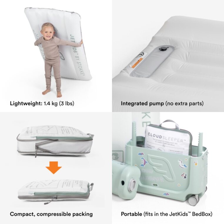 Built-in pump for inflating the Stokke JetKids CloudSleeper travel bed.