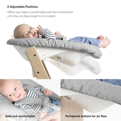 Stokke Tripp Trapp Newborn Set showing two reclining positions for baby&