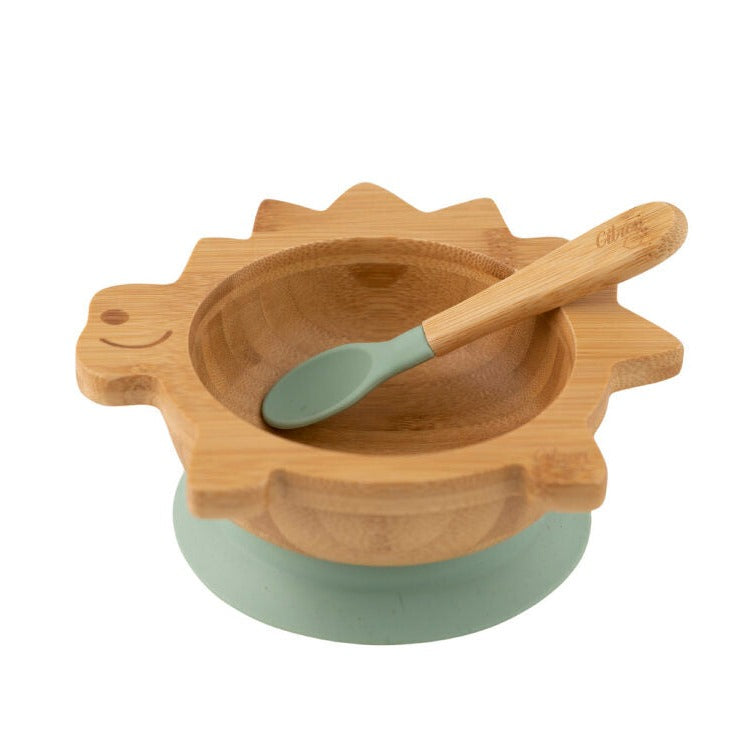 Citron Organic Bamboo Bowl 250ml Suction + Spoon Dino Green Color