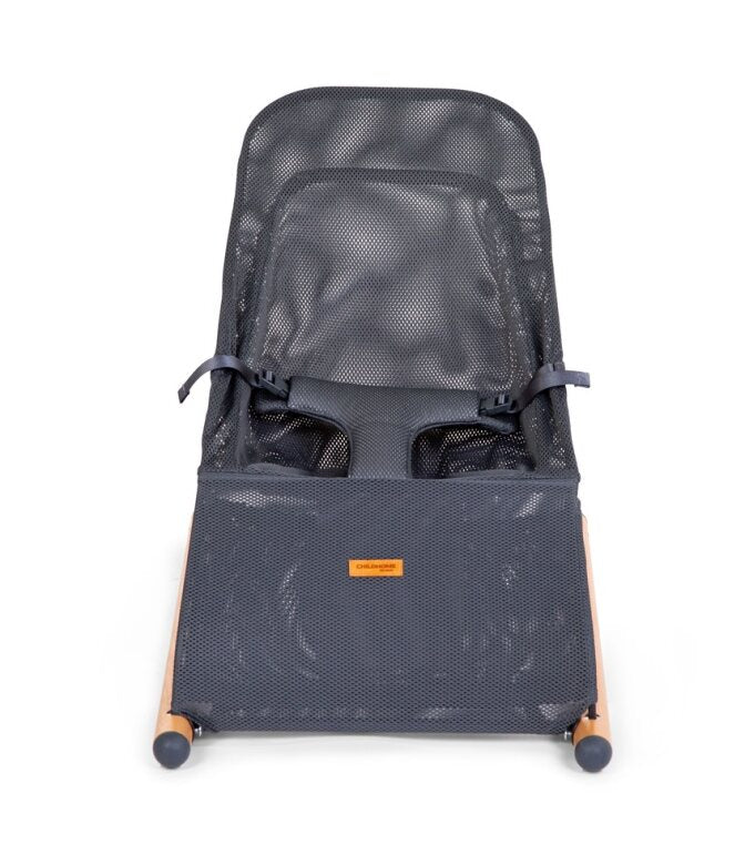 Childhome Evolux Bouncer (Natural Anthracite) - Front view showcasing the ergonomic design and adjustable backrest in gray and Nut