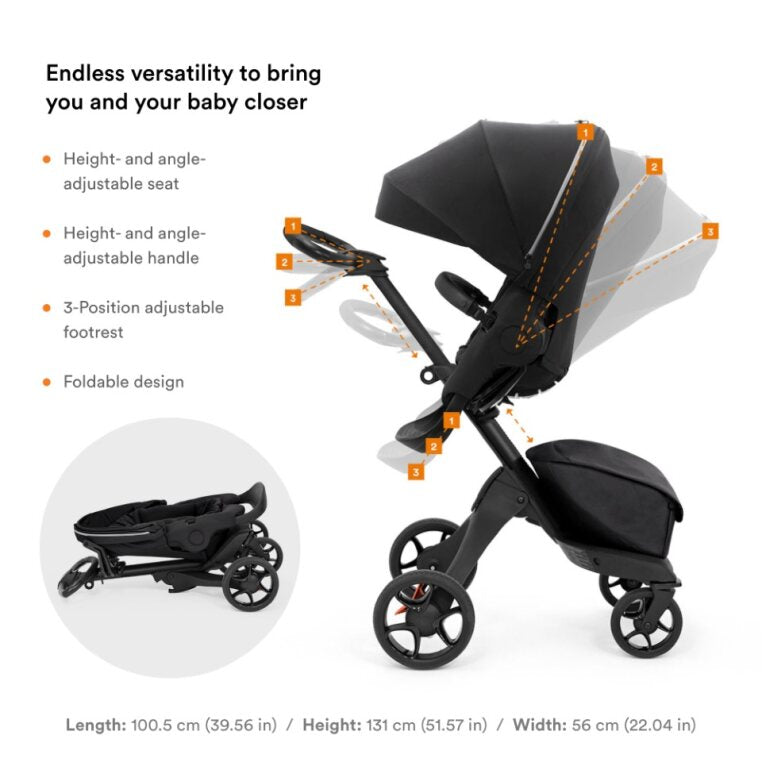 Stokke Xplory X Stroller (Parent-facing): Black chassis with black seat and black canopy, facing parent.