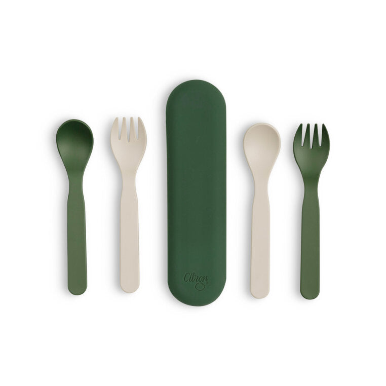 Citron 2022 PLA Cutlery Set of 2 and Case, Green/Cream Color