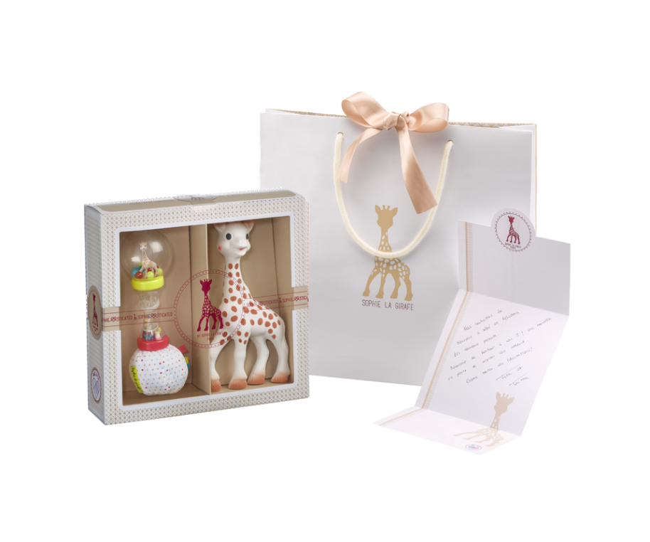 Soft maracas toy included in the Sophie la girafe Sophiesticated Classical Composition 4 Gift Set.